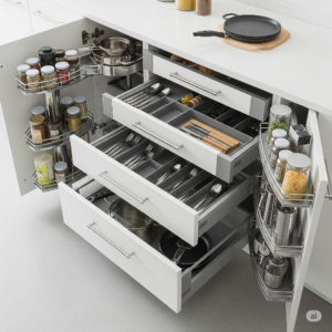 storage hacks in UK kitchen drawers with cutlery, spices, and pull-out storage compartments