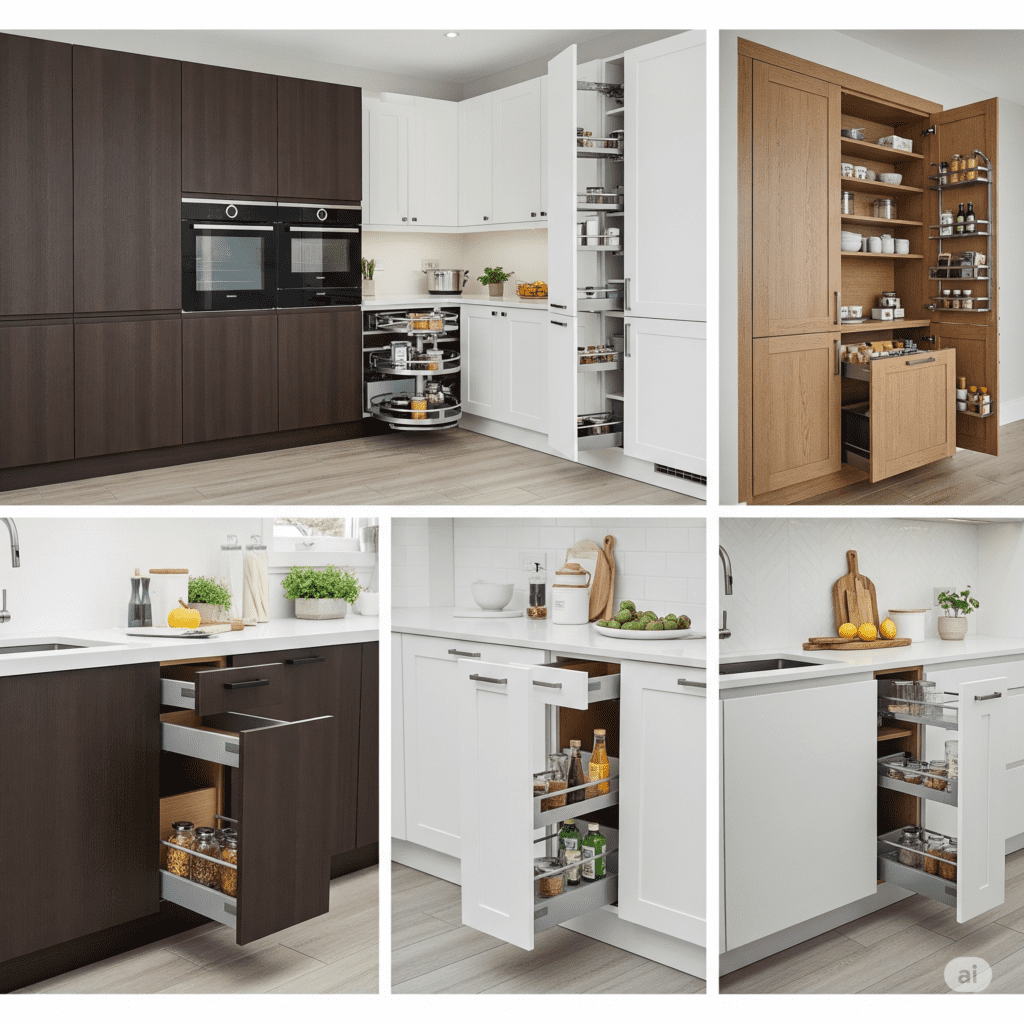 Modern kitchen cabinets with white shaker doors, sleek metal handles, and under-cabinet lighting