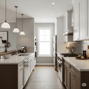 Modern Gallery-shaped kitchen with sleek white cabinetry, stainless steel appliances, and a compact island