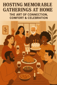 A warm, illustrated scene of six diverse adults gathered around a cozy dining table, celebrating with wine, food, and a birthday cake in a home setting.