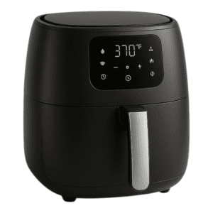 Sleek black digital air fryer with LED display set to 370°F