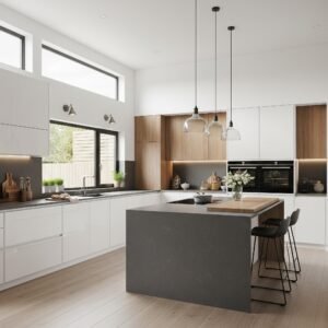 Modern open-plan kitchen with white gloss cabinets, wood accents, large island, and pendant lighting