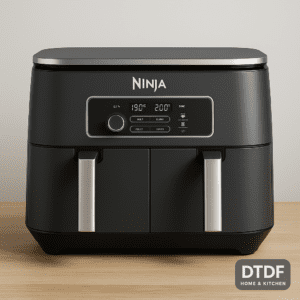 TDF-branded visual of Ninja-style FlexDrawer air fryer with two cooking zones and a sleek digital interface