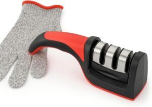 DTDF 3 stage manual knife sharpener red and black with 1 safety cut-resistant glove