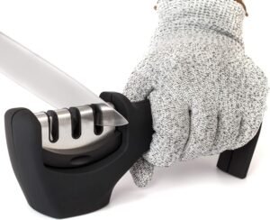 Manual knife sharpener and 1 cut resistance glove