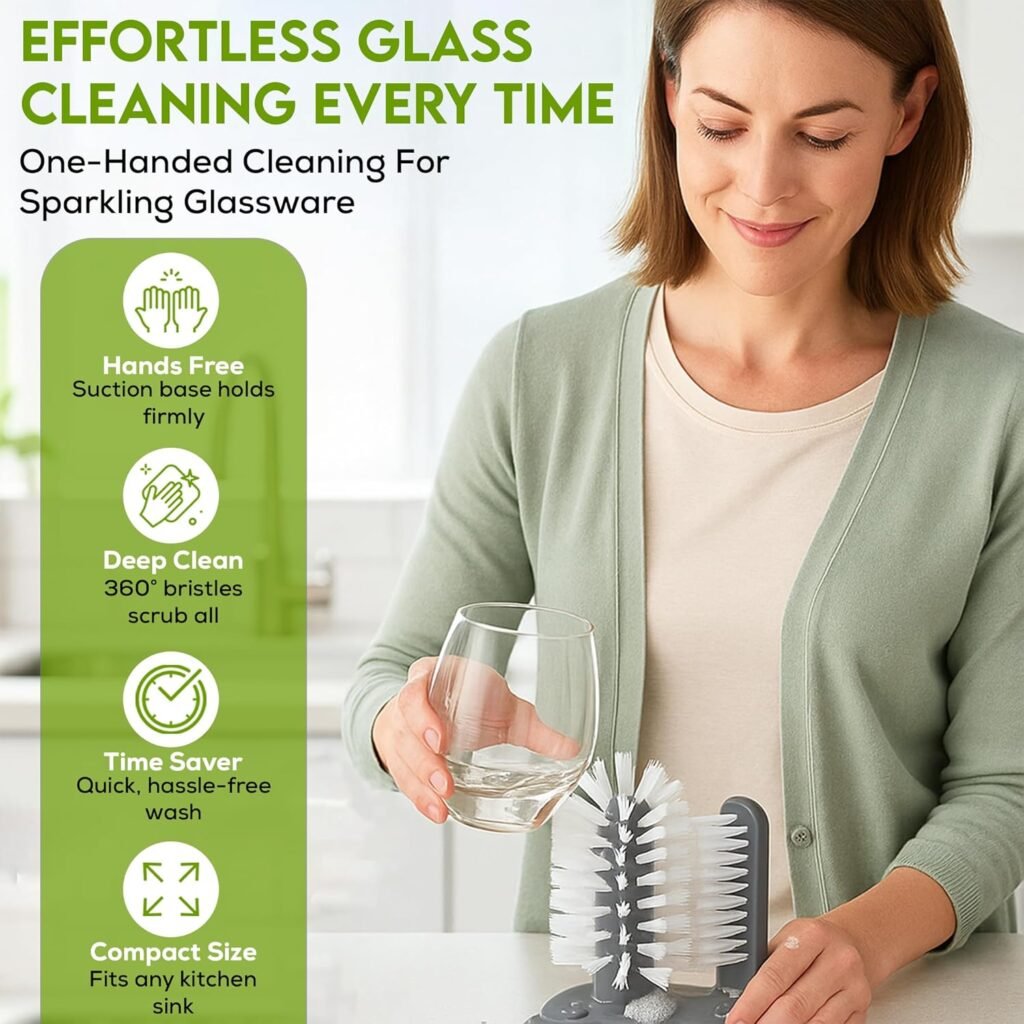 DTDF-Glass Cup Brush Cleaner with 3 Suction base, Double Sided Bristle Brush Glass Washer for Water Bottle Cleaning