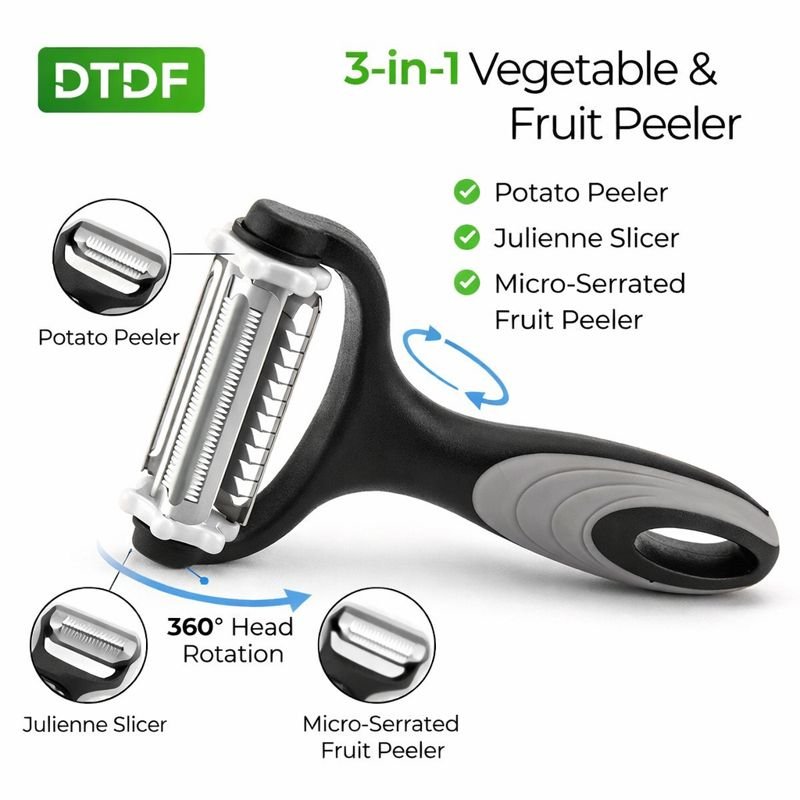 DTDF 3-in-1 Vegetable Peeler Set – Potato Peeler, Julienne Slicer & Micro-Serrated Fruit Peeler,